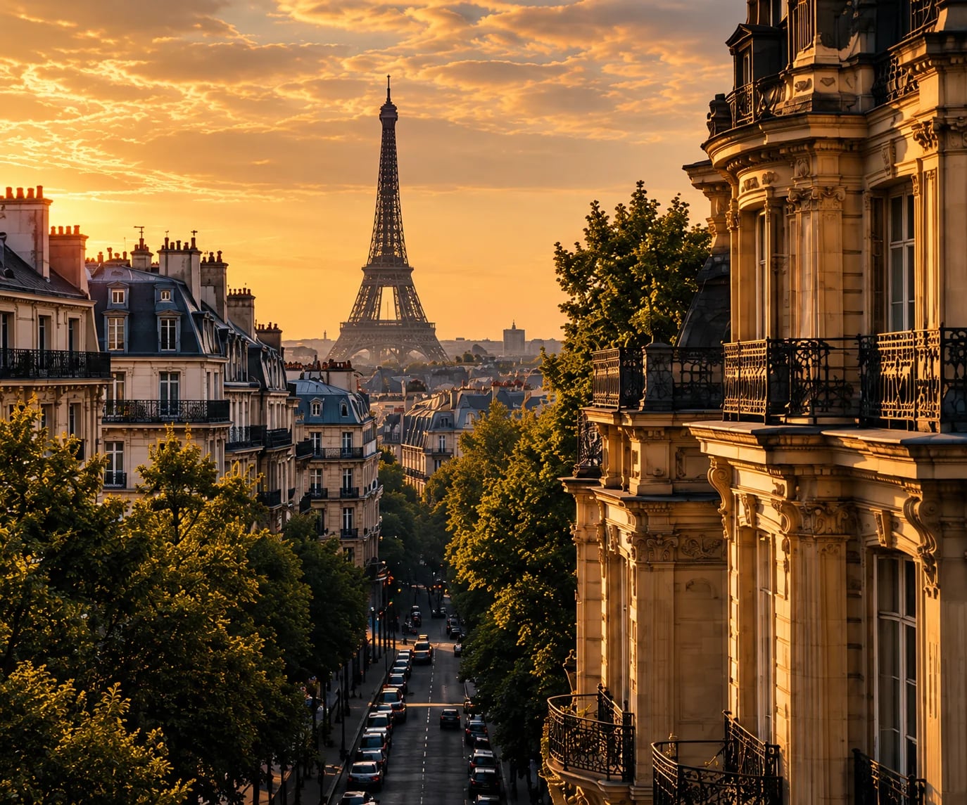 The Eiffel Tower above Paris rooftops at sunset