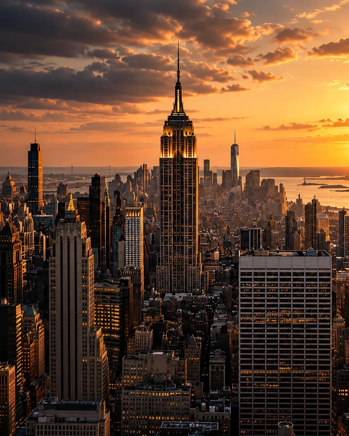 Manhattan skyline at sunset, with the Empire State Building